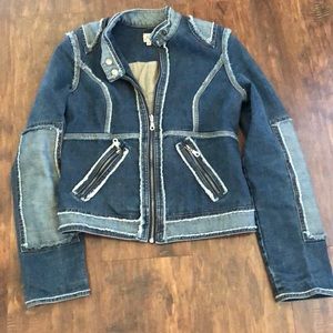 Patched denim moto jacket